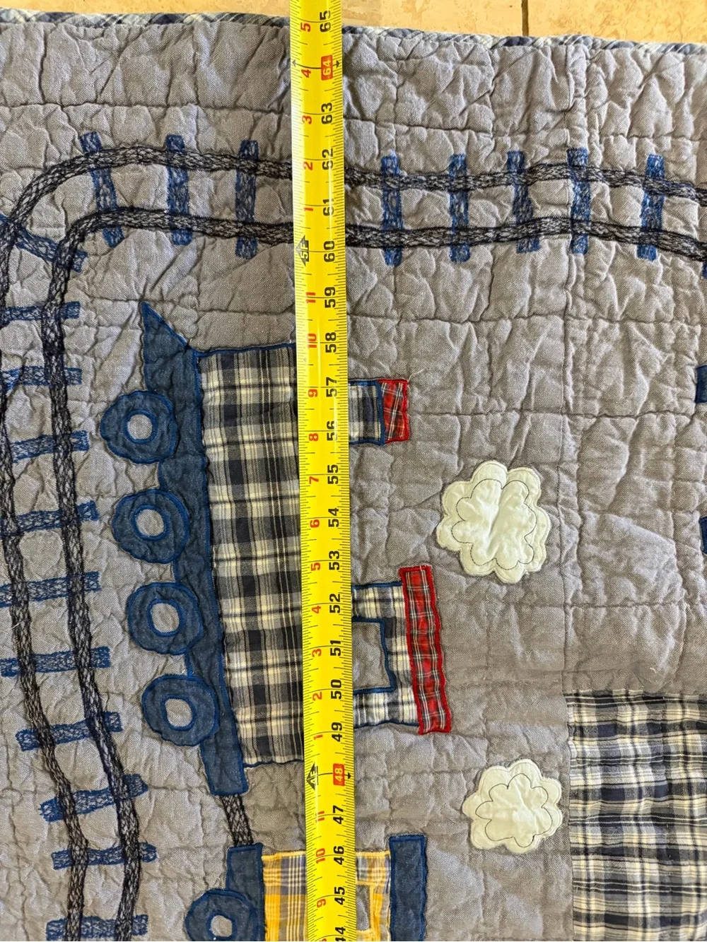 The Company Store CHOO-CHOO TRAINS Blue Red Plaid Chambray Kid Twin Quilt 83x63”